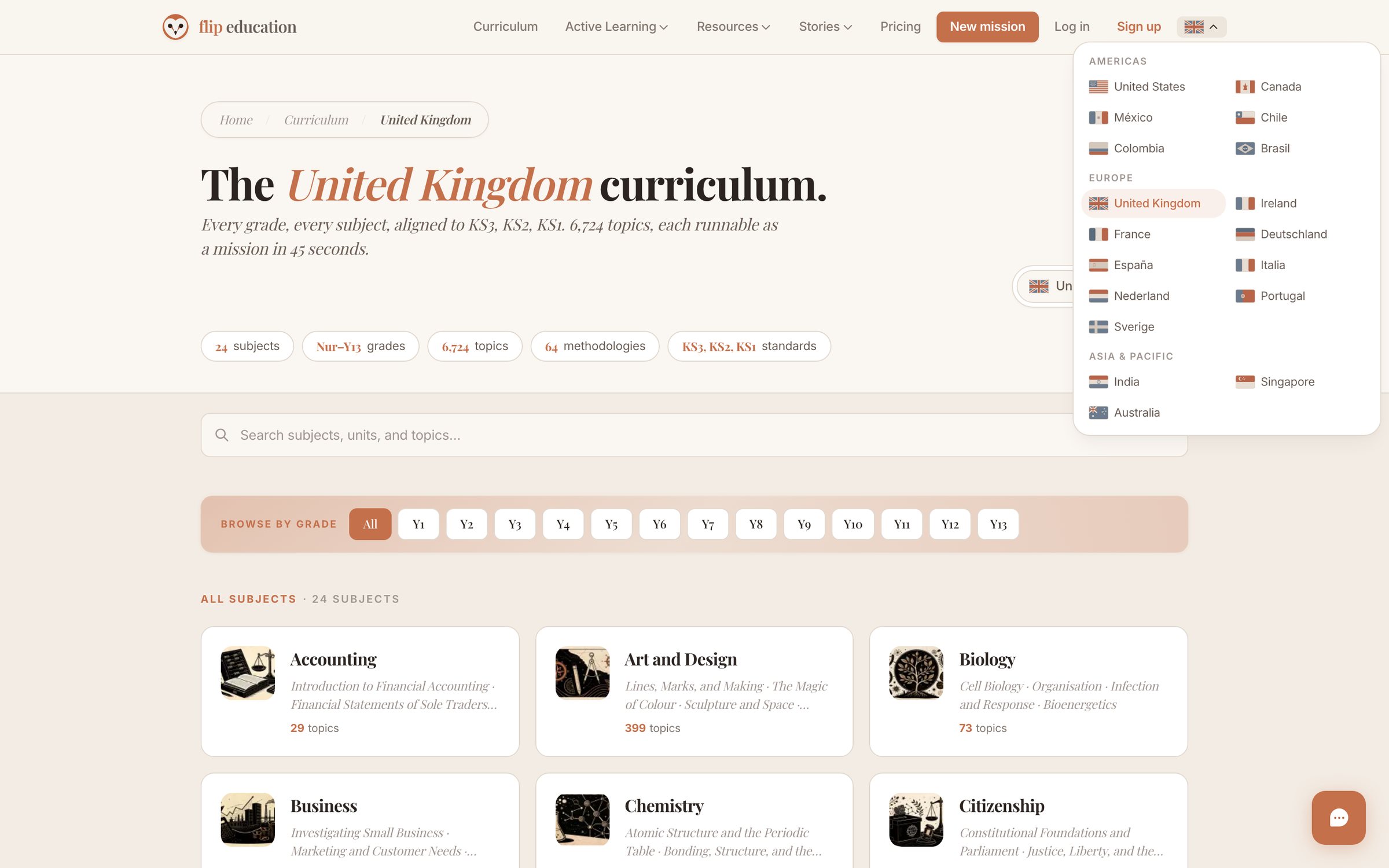 The public curriculum page for the United Kingdom, with the country menu open. The menu lists 18 countries in three groups: Americas, with the United States and Brasil; Europe, with France, Deutschland and Sverige; Asia and Pacific, with India and Australia. Each name appears in the country's own language.
