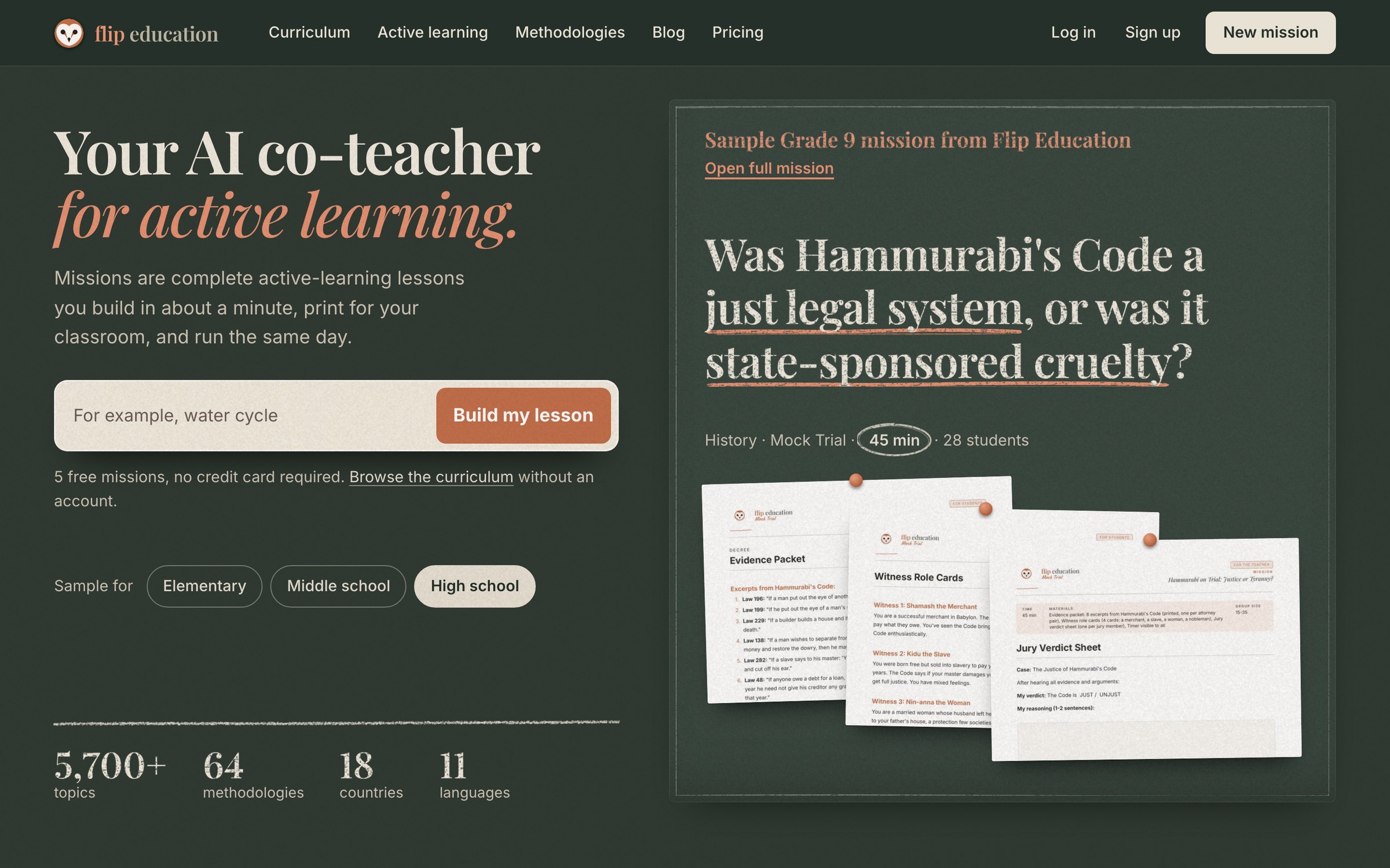 First screen of the homepage. It shows the headline "Your AI co-teacher for active learning", a box to build a lesson, and a sample Grade 9 history mission with printed handouts. Below are the counts 5,700+ topics, 64 methodologies, 18 countries and 11 languages.