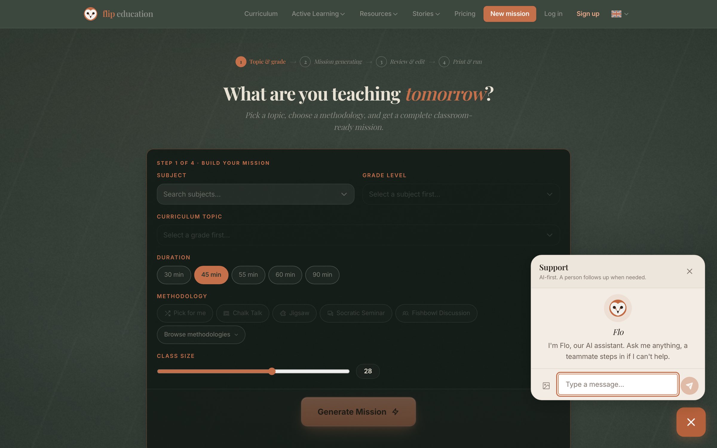 Flip Education's own product picture shows its lesson generator page, a form for subject, grade, curriculum topic and teaching method. A chat window sits in the bottom right corner. Its header reads Support, then AI first. A person follows up when needed. The account photo is pixelated.