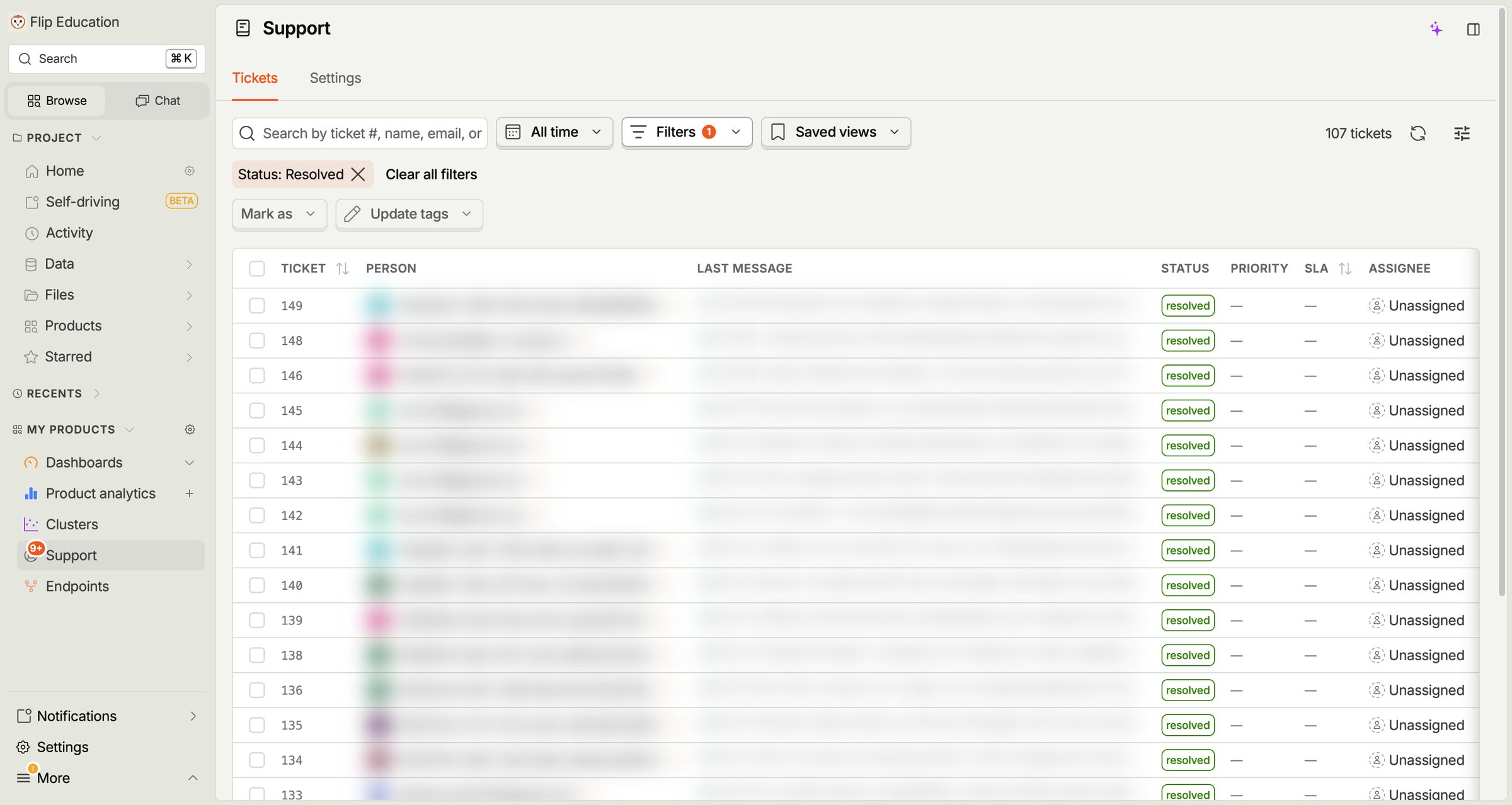 The team inbox in PostHog, with every name and email blurred. Each conversation shown ended on Flo's answer with no person needed.