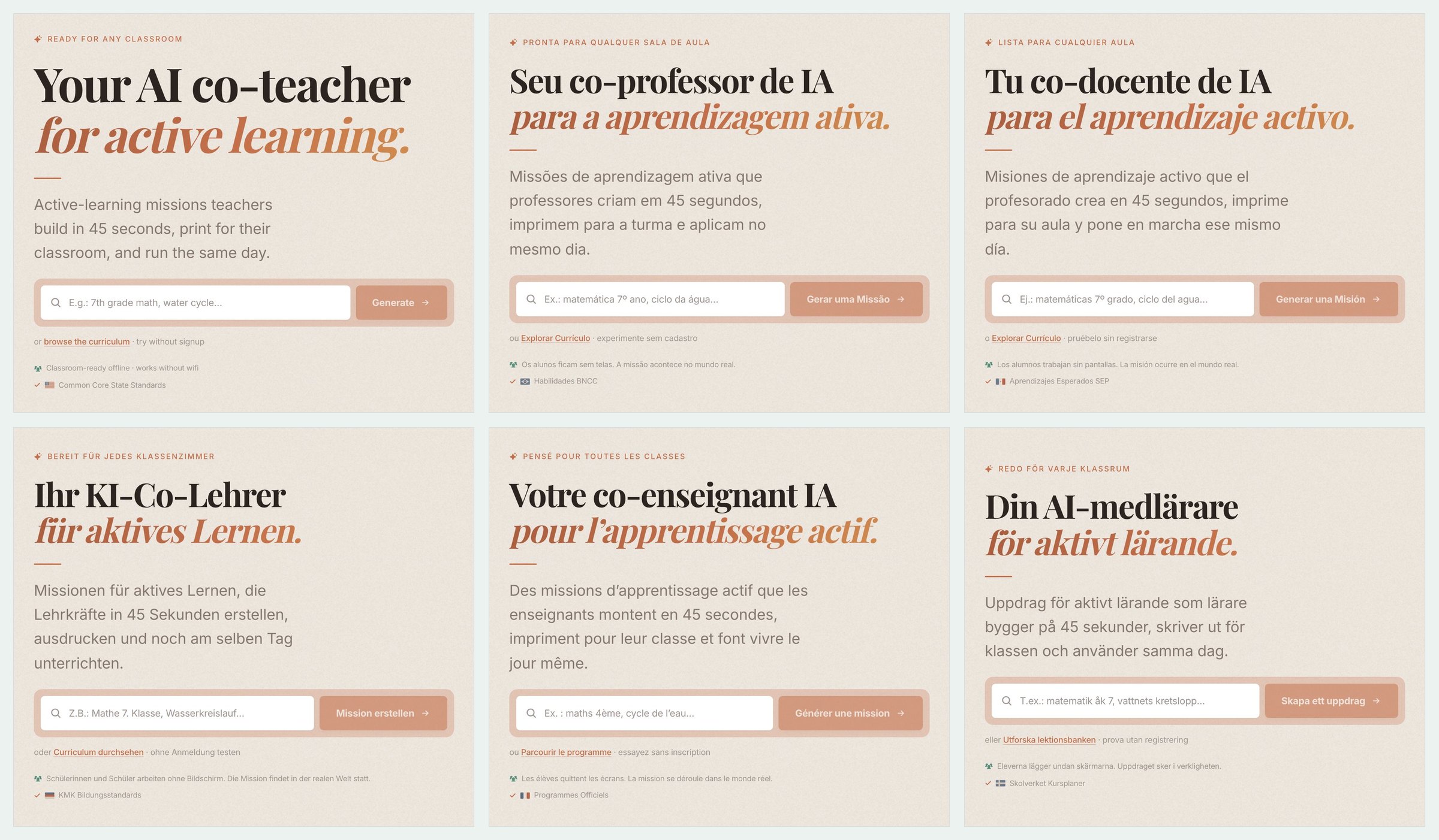 Six screenshots of the live Flip Education home page in US English, Brazilian Portuguese, Mexican Spanish, German, French and Swedish, each showing its local curriculum standards line.