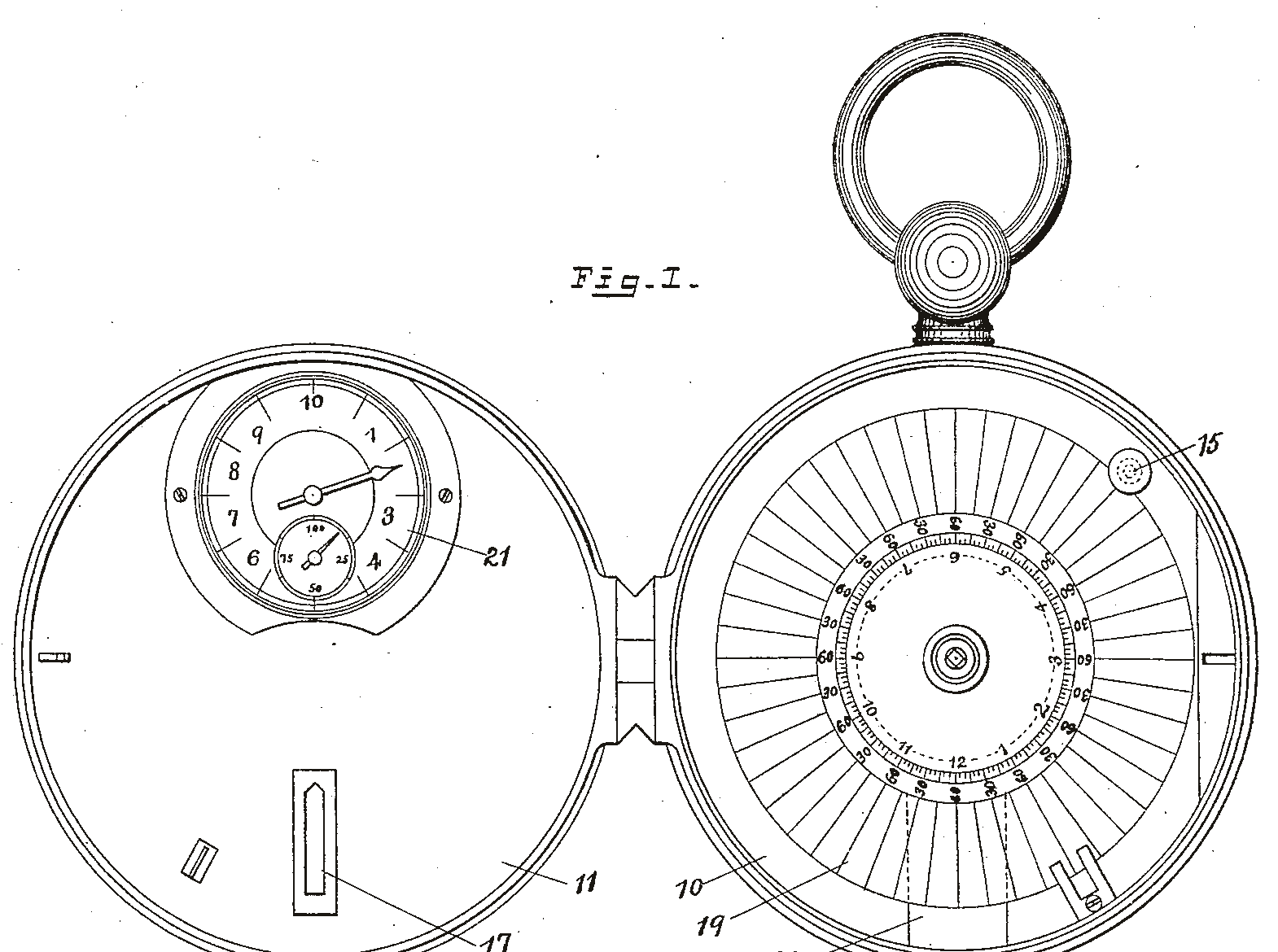 An 1910 patent drawing of a watchman's time detector: a large pocket-watch case opened flat, a clock dial in the lid on the left, and a numbered paper recording disc on the right.