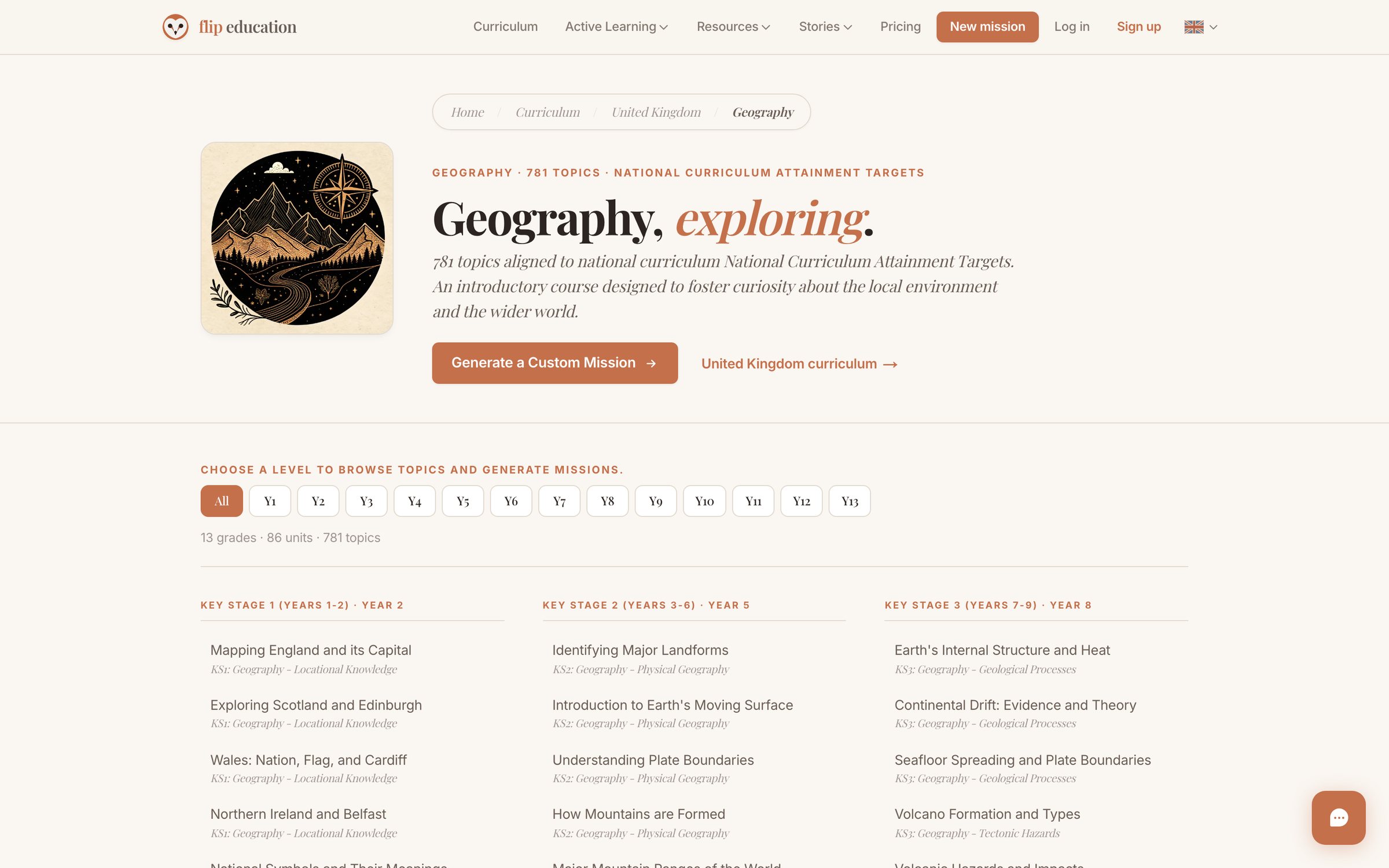 Screenshot of the Flip Education UK Geography curriculum page. It shows a subject header, year buttons from Y1 to Y13, and lists of topic links under each key stage. Recordings showed these links were all blocked.