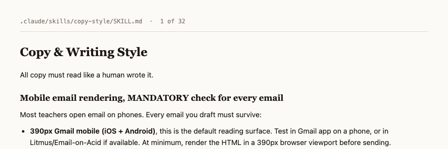 A screenshot of one of the company's written procedures, labelled one of thirty two. It opens with the line all copy must read like a human wrote it, then a mandatory check for every email explaining that most teachers open email on phones.