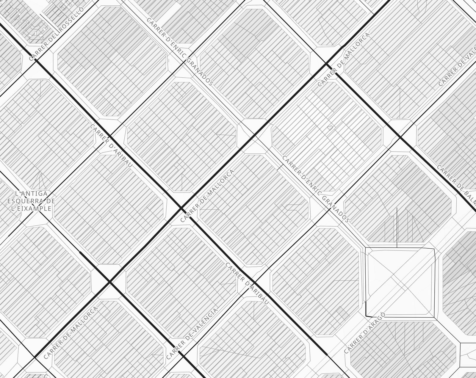 Close-up of the Walkably map over the Eixample in Barcelona. The blocks are hatched like an architect's drawing, and each street is drawn thin or thick by how calm it is.
