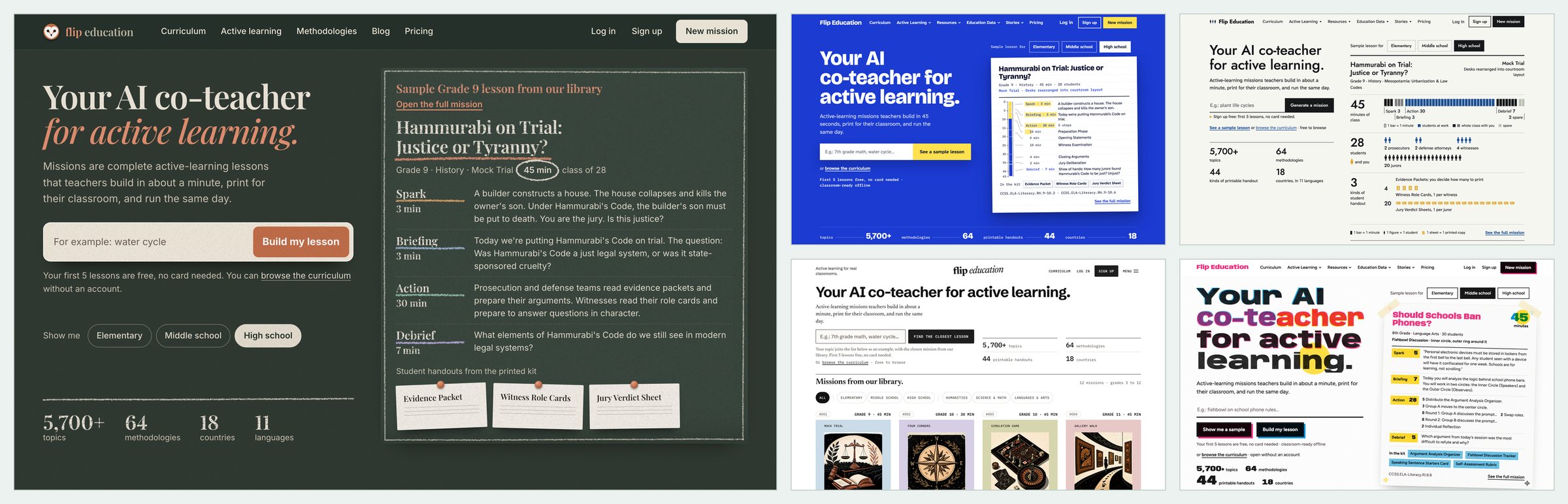 Five homepage designs side by side. The large left design is dark green like a chalkboard, with the headline "Your AI co-teacher for active learning.", a box to start a lesson, and a sample history lesson with printed handouts pinned below. Four smaller designs sit on the right in blue, white, editorial, and black and pink styles.