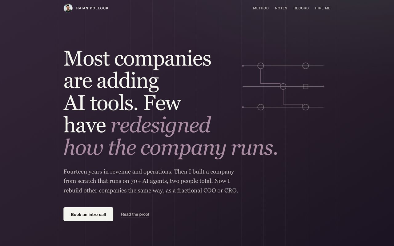 The raianpollock.com homepage of September 2026, dark purple and the longest page, "... Few have redesigned how the company runs."