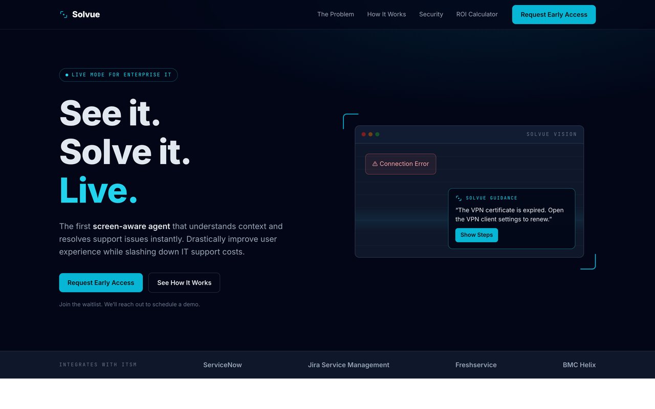 A homepage design for Solvue, dark navy.