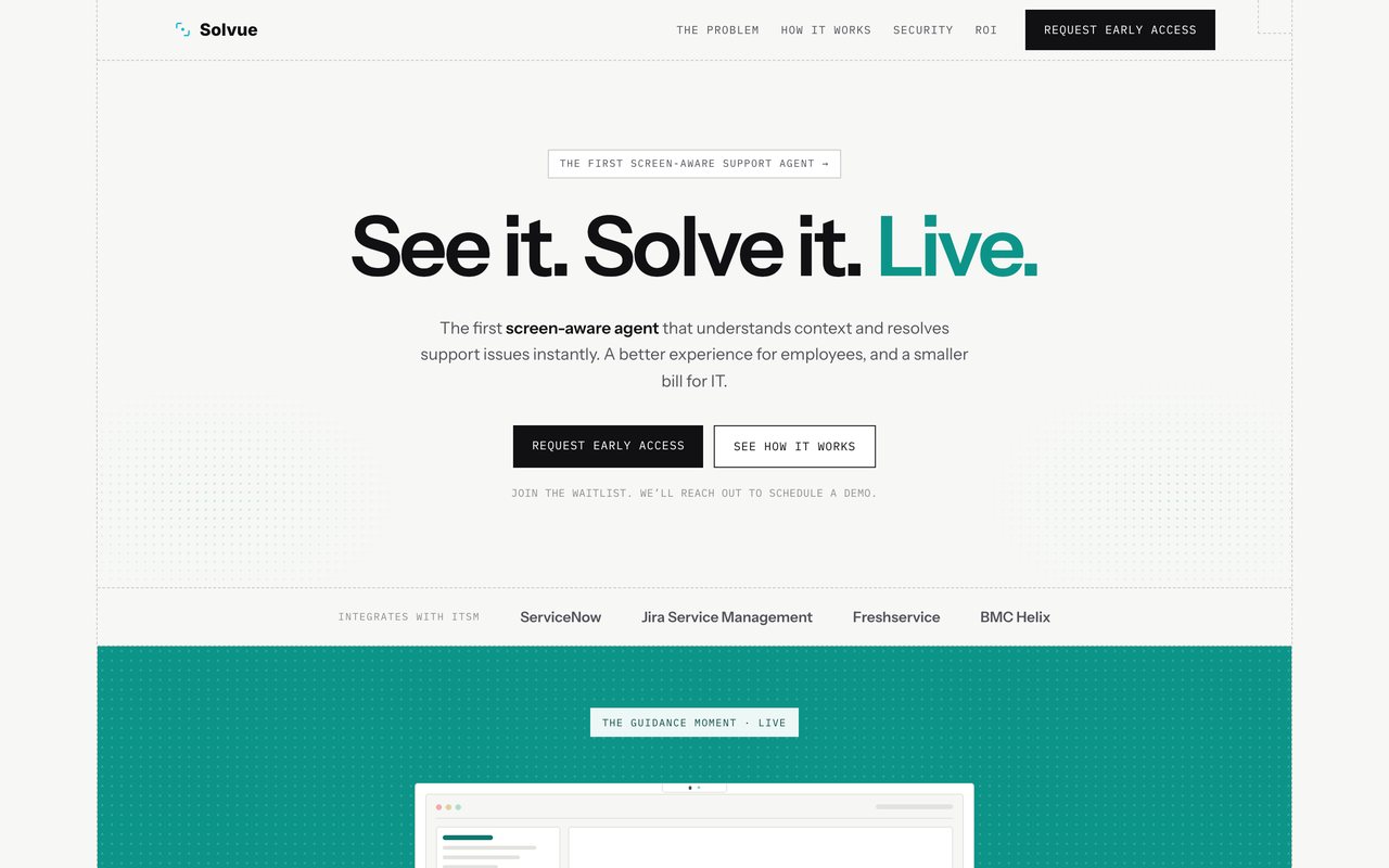 A homepage design for Solvue, white with a green band across it.