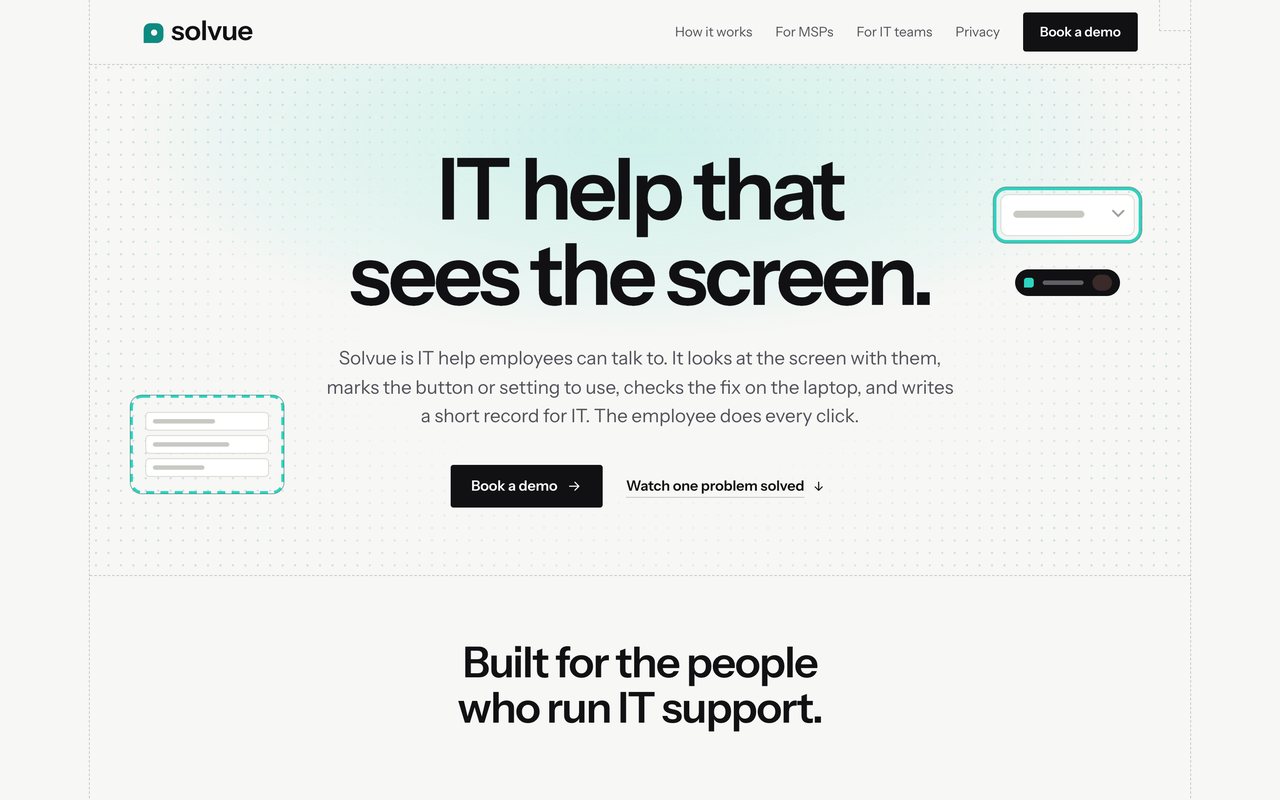 Solvue's live homepage, a light page with the headline "IT help that sees the screen."