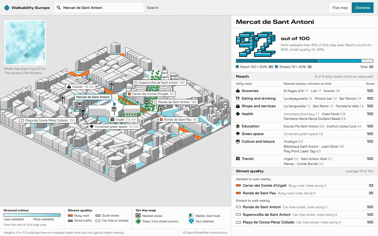 The same address as a small 3D model of the streets, with the score of 92 in large blocky digits.